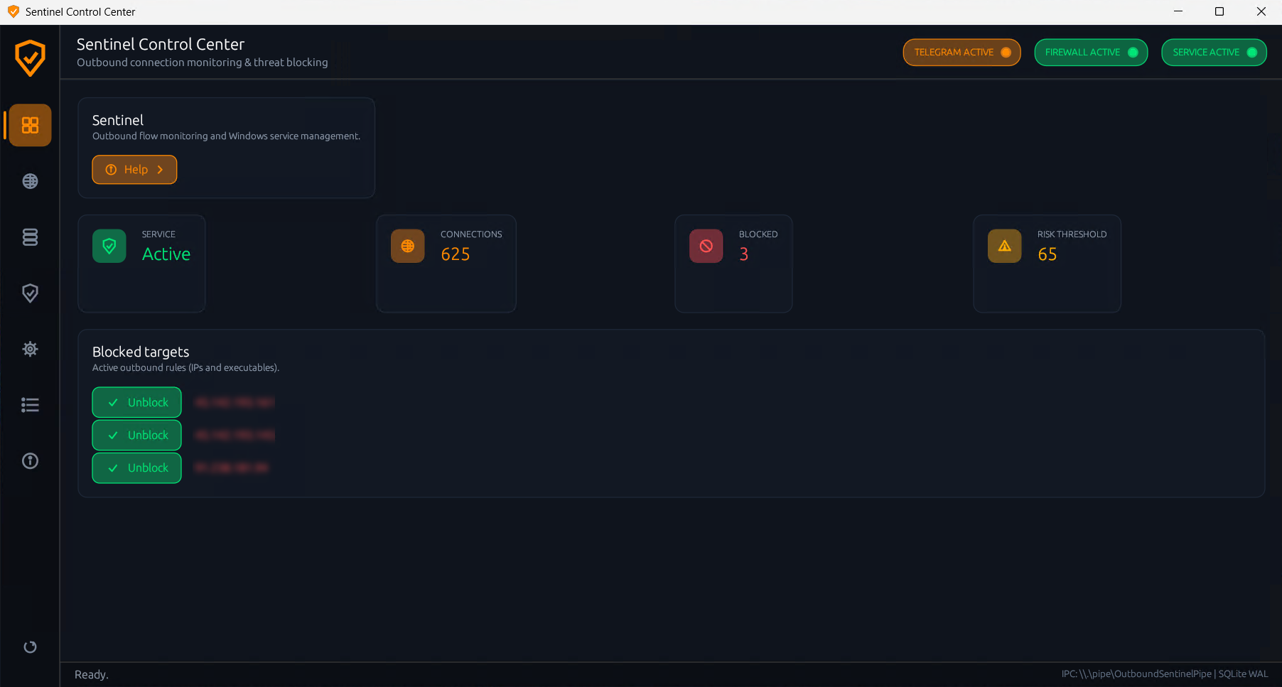 Sentinel — Control Center dashboard